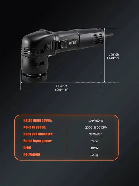 Compact 3 Inch Orbital Polisher With 10mm Orbit 780W Variable Speed Dual Action Ergonomic Grip Includes Polishing Pads Sanding Discs And Pad Conditioning Brush For Quick Easy Detailing, side view showing measurements.