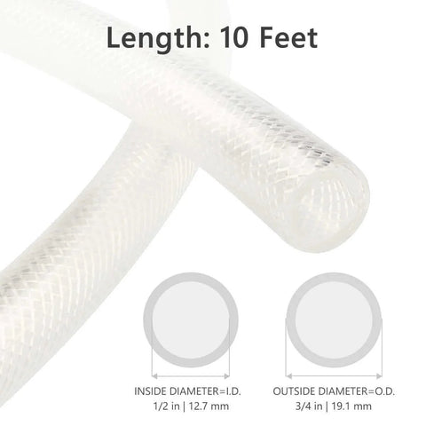 Half Inch ID And Three Quarter Inch OD Ten Foot High Pressure Braided Clear PVC Vinyl Tubing Heavy Duty Reinforced Hose BPA Free