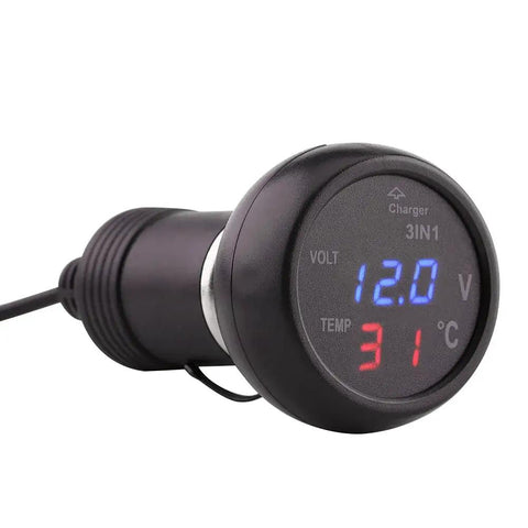 3 In 1 Car Voltmeter With Dual LED Display USB Charger And Temperature Monitor showing voltage and temperature readings