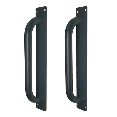 Beefy 12 Inch Heavy Duty Steel Barn Door Handles Black Powder Coat 2 Pack Gate Pulls For Outdoor Fence Garden Patio And Indoor Closet Cabinets Door Pulls Full Welded Metal Easy Grip, showing front view of two handles