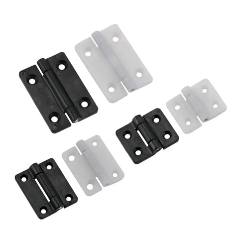 Six damped cabinet door hinges in black and white finishes with four mounting holes each