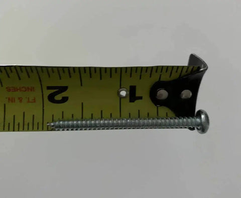 Measuring tape showing length of a pan head screw for Two White Bi-Fold Closet Door Pull Knobs Replacement Kit Pack Of 2 With Two Long Pan Head Screws And Washers