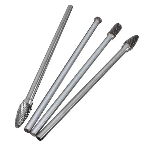 Heavy Duty Tungsten Carbide Rotary Burr Set, 4 Pieces, 6 Mm Shank, Cutting Edge Diameter 7 Mm To 10 Mm, 150 To 160 Mm Length, Double Cut Bits