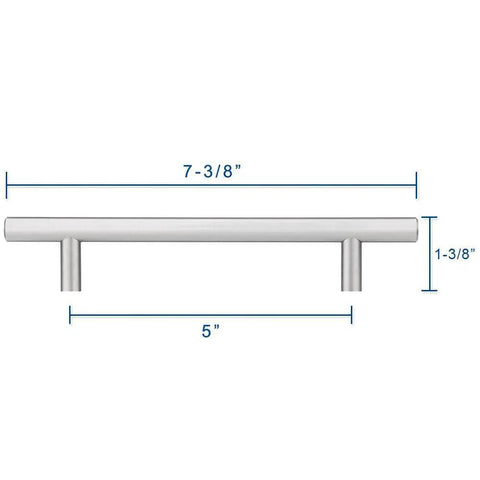 Front view of cabinet pull with 5 inch hole center, satin nickel finish; labeled dimensions 7-3/8 inch length, 1-3/8 inch projection