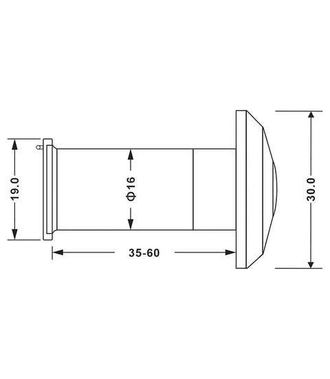 Diagram of Solid Brass Door Peephole Viewer with 200-degree wide angle, showing dimensions for 1 3/8 to 2 1/6 inch doors