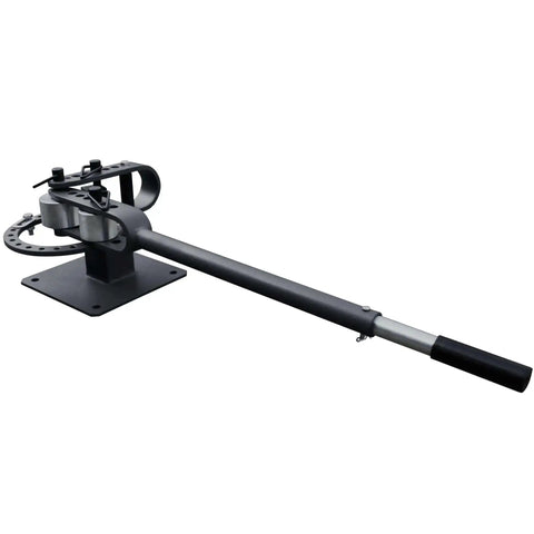 Compact Bench Top Metal Bender With 7 Dies, Manual Flat Bar Bender, shown with long handle and mounted base.