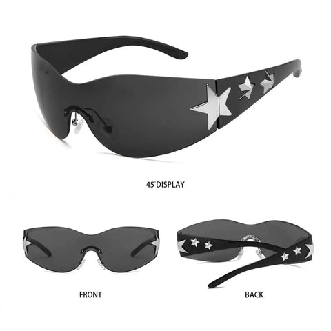 Rimless Y2K Sunglasses With Star Wrap Design UV400 Protection Lightweight PC Frames And Reinforced Hinges in Black