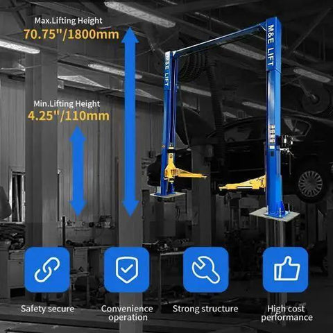 ME-LM110S two-post car lift in blue, front view with extended arms, 11000 lb capacity in workshop