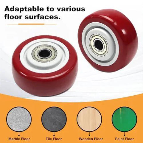 Two Four Inch PU Caster Wheels with three eighths inch bore showcasing adaptability to various floor surfaces.