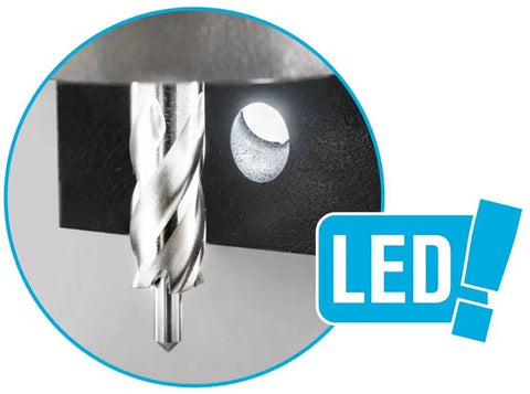Close-up of drill bit and LED feature on Ultra Compact Magnetic Drill With LED Light And Rear Mounted Control For Easier Handling
