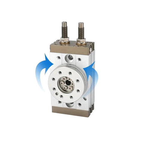 MSQB rotary pneumatic air cylinder with rack and gear actuator, silver body and brown end caps, two top studs.