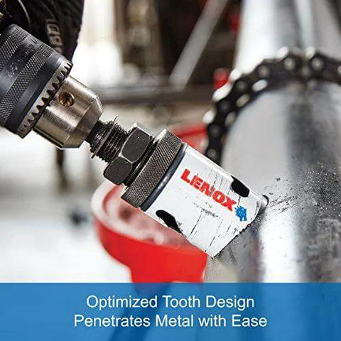 Beefy Bi Metal Hole Saw With T3 Technology And Speed Slot For Easy Plug Ejection One And Seven Eighths Inch Diameter Built For Metal Cutting With Fast Clean Cuts Thick Wall Durability And Sharp Teeth Lenox Tools in use drilling metal