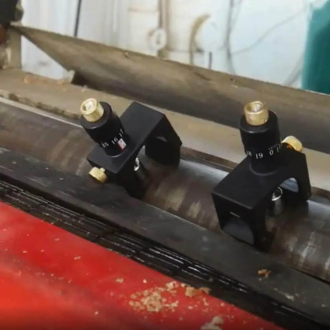 Magnetic Two Piece Planer Setting Gauge And Cutter Calibrator installed on planer for cutterhead adjustment