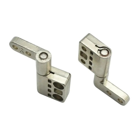 Damping hinge components, two silver metal pieces with perforated blocks and pivot joints.