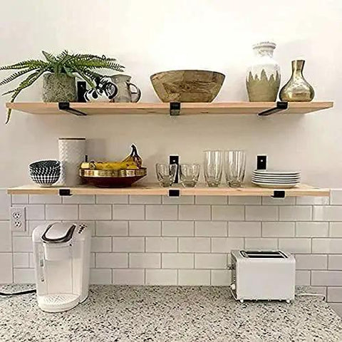 Wall-mounted shelves supported by 12 Inch Heavy Duty Floating Shelf Brackets Set of 6 Industrial Black Iron Wall Mounted Shelf Supports.