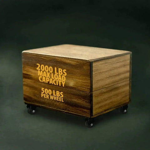 Wooden box on 2.5 Inch Heavy Duty Polyurethane Caster Wheels Pack Of 4, 2000 lb total capacity labeled on side, showcasing load limit.