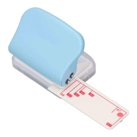 Three Hole Paper Punch Handheld Puncher For Binders with alignment guide, blue handle, 5.5mm holes, 19mm spacing, portable for office use.