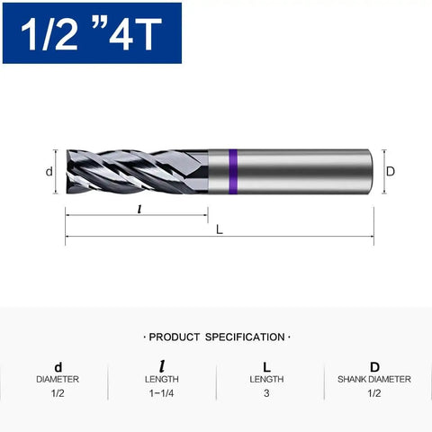 Diagram of Premium Carbide Square End Mill Four Flute for CNC Router Bit Versatile for Aluminum Steel Brass Cutting One Half Inch Shank One And A Quarter Inch Cut Three Inch Overall Length High Precision Engraving And Machining showing dimensions.