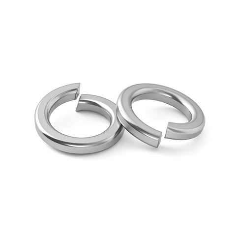 Split lock washers, two 1/4-inch, 304 stainless steel, angled view