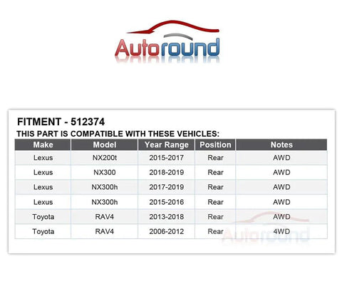 Compatibility chart for 2 Pack Rear Wheel Bearing And Hub Assembly For 4WD AWD RAV4 2006 To 2018 And Lexus NX200t NX300 NX300h 2015 To 2019 With 5 Lug Bolt Pattern And ABS Direct Fit Compatible, listing compatible Lexus and Toyota models.