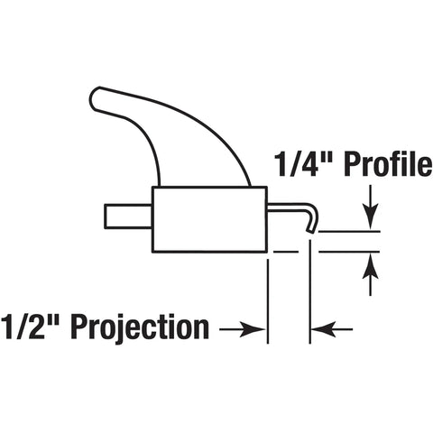 Line drawing showing 1/2 inch projection and 1/4 inch profile of MP1006 Clamp Style Sliding Glass Door Handle Set, Surface Mount Aluminum.