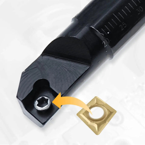 Close-up of a boring bar holder with carbide insert from Lathe Boring Bar Set For Precision Internal Turning Four 95 Degree Boring Bars S07K S08K S10K S12M SCLCR06 Holders Ten CCMT0602 Carbide Inserts And Four T8 Wrenches Pro Grade Shop Ready Kit For Efficient Machining