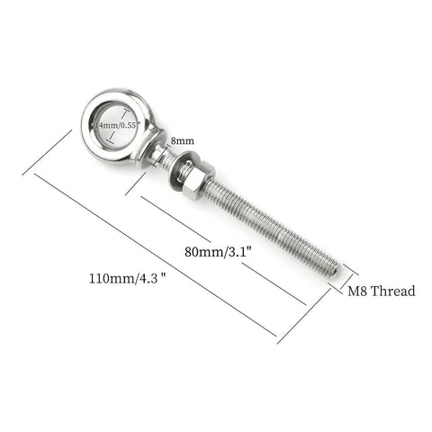 316 Stainless Steel Eye Bolt Set Of 5 With Nuts And Washers, Heavy Duty Eyebolts M8 X 1.25mm, 8mm By 80mm For Cable Rigs, detail view with dimensions