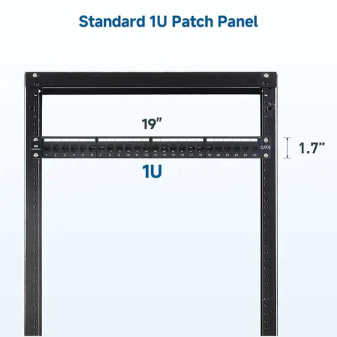 Front view of Beefy 1U 24 Port Cat6 Ethernet Patch Panel with Inline Keystone and Cable Management Bar, 19-inch rack setup