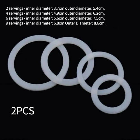 Four white silicone rings of varying sizes for Premium Silicone Moka Pot Gasket Seal Replacement For Stovetop Espresso Makers.