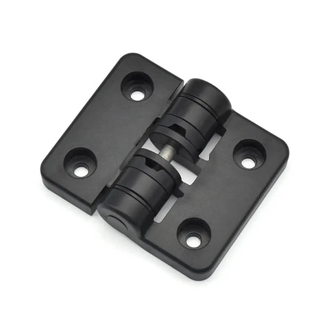 Black XK551 resin positioning hinge with knuckle joint and four mounting holes