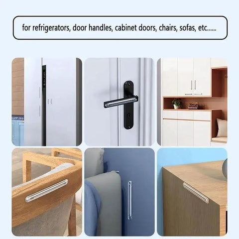 Clear Silicone Furniture Bumpers Set 8 Pcs Self Adhesive Protectors For Doors shown on handles and edges of furniture.