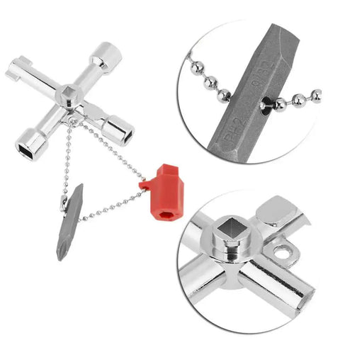 Ten Piece 5 In 1 Cross Key Set with heavy duty zinc alloy build, showing universal wrench tool and key shapes for industrial equipment