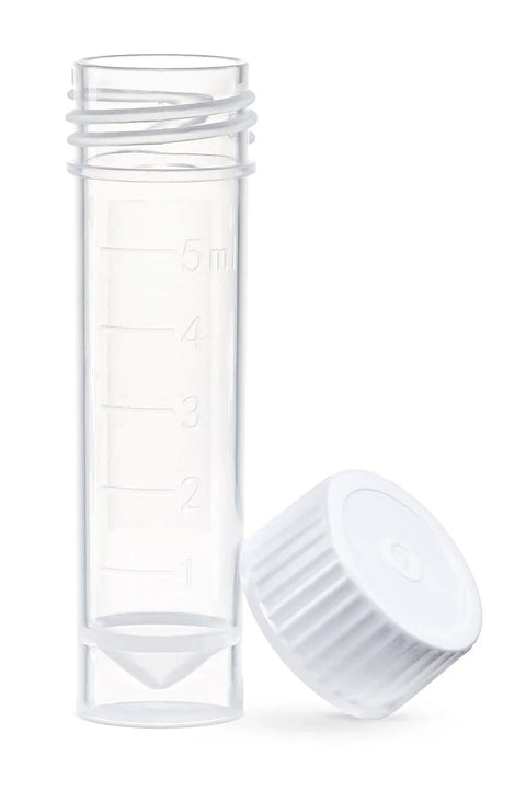 Globe Scientific 6101S polypropylene transport tube with white cap, clear plastic, molded 1–5 mL graduations.