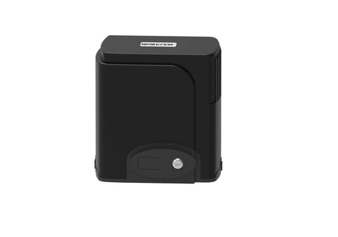 Front view of the Automatic Sliding Gate Opener Kit With Gear Rack Drive System For Driveway Security Gates Remote Control And Sensor For Gates Up To 1300 Lbs And 40 Feet Model SL1300 For Quiet Smooth Operation Easy Installation And Durable Weatherproof Construction, black housing.