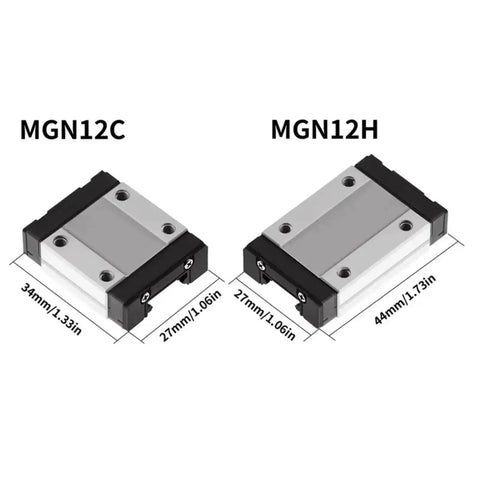 MGN12 Linear Guide Rail Kit For 3D Printers Pro Grade Aluminum Rail With Black Carriage Lengths From 100mm To 700mm Ultra Smooth Motion Durable Easy Install Linear Guide System, showing MGN12C and MGN12H carriages with dimensions.