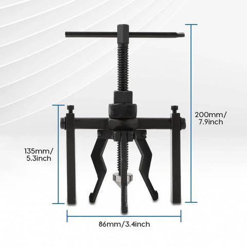 Three Jaw Bearing Puller Tool Kit For Pilot And Blind Bearings showing tool dimensions and three-jaw design in black CR-V steel.