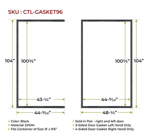 Shipping Container Door Gasket Set Two Piece Seal Kit For Eight By Nine Foot Six Inch Containers Left Three Sided And Right Four Sided EPDM Rubber Gaskets Weatherproof Water Dust UV Resistant Easy Install diagram showing dimensions and details.