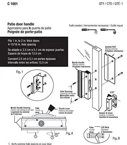 Instruction manual for C 1001 Sliding Glass Door Handle Set Replacement For Surface Mount Hook Style Hardware On Patio Doors 4-15/16 Inch