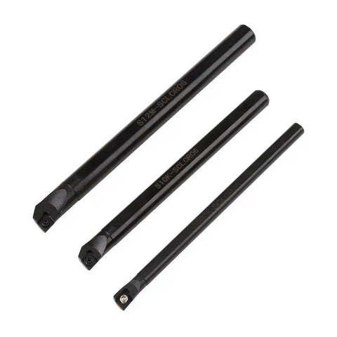 Three SCLCR Lathe Boring Bar Kit With Internal Turning Tool Holder in different sizes, black coating, for CNC machines.