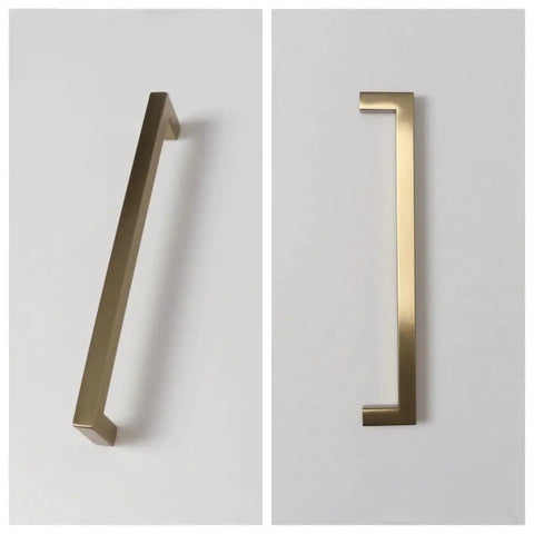 10 Pack 8 Inch Hole Center Champagne Cabinet Pulls In Stainless Steel Square Drawer Handles front and side view