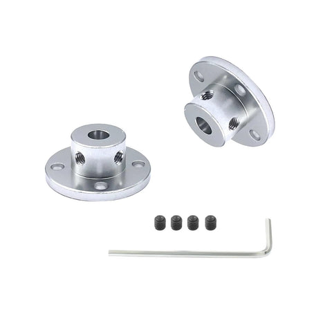 Two 6mm aluminum flange shaft couplings with mounting flanges, plus four screws and an L-shaped hex key