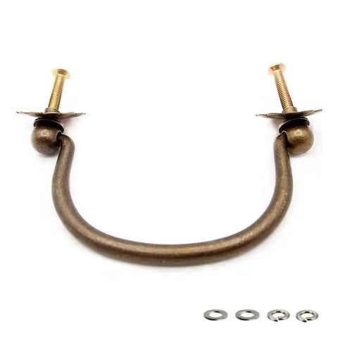 Front view of Six Pack Traditional Bail Cabinet Pulls in Antique Brass for dresser drawers and cabinets, vintage shabby chic hardware
