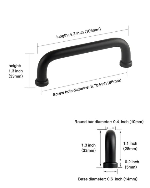 Diagram of Five Pack Matte Black Modern Cabinet Pulls 3.75 Inch Hole Center 96mm dimensions.