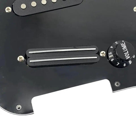 Close-up of SSS Electric Guitar Loaded Pickguard Prewired Replacement 11 Hole Dark Black PVC 3 Ply Scratch Resistant Panel