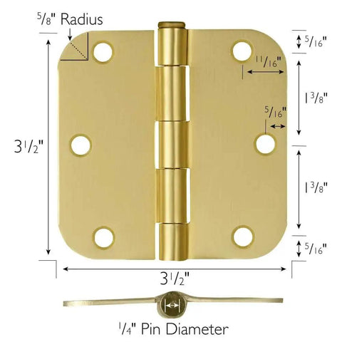 Heavy Duty Interior Door Hinges 3.5 Inch By 3.5 Inch 5 Eighth Inch Radius Satin Brass 10 Pack Steel Construction diagram