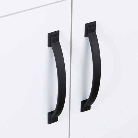 Close-up of 10 Pack 3 Inch Matte Black Cabinet Pulls Zinc Alloy Drawer Handles for Kitchen Cabinets installed on white cabinet doors.