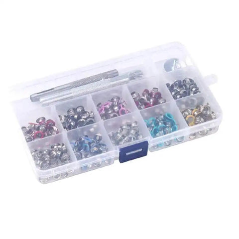300 Set 6mm Colorful Grommets Eyelets Kit With Metal Eyelets And Installation Tool shown in clear organizer with rainbow colors