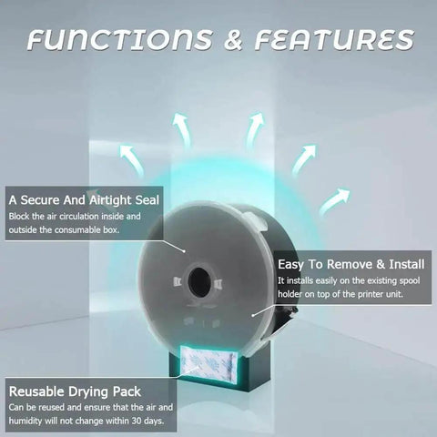 Filament Dryer Box for 3D printer, showing functions like airtight seal, easy installation, and reusable drying pack.