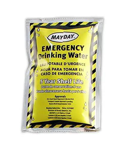 Emergency drinking water pouch with 5-year shelf life included in Two Person 72 Hour Emergency Kit In A 3 Day Backpack.