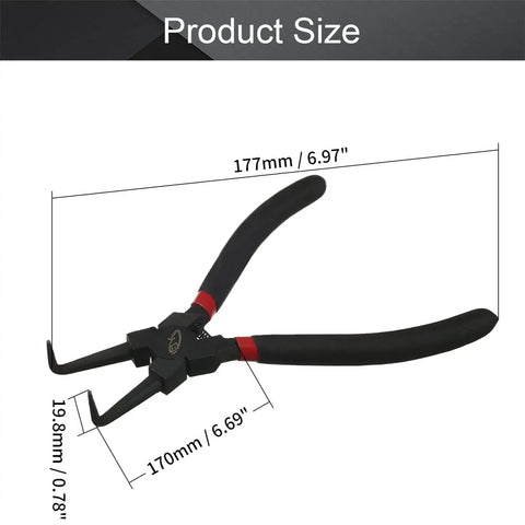 Internal Snap Ring Pliers Angled Bent Nose 90 Degree Tip 7 Inch showing size and ergonomic grip